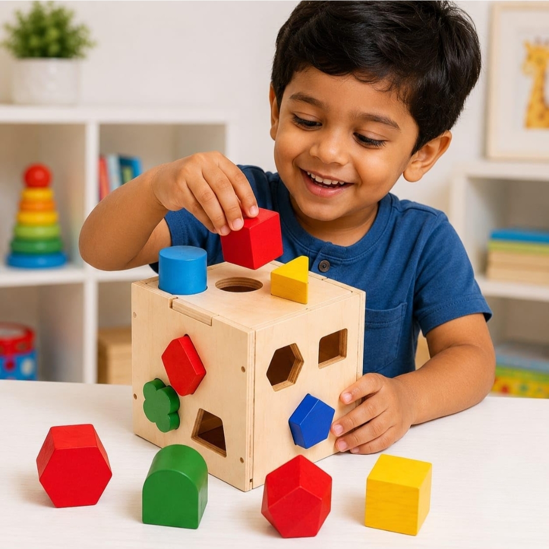 MONTESSORI WOODEN SHAPE SORTER BOX WITH 15 COLOURFUL SHAPES