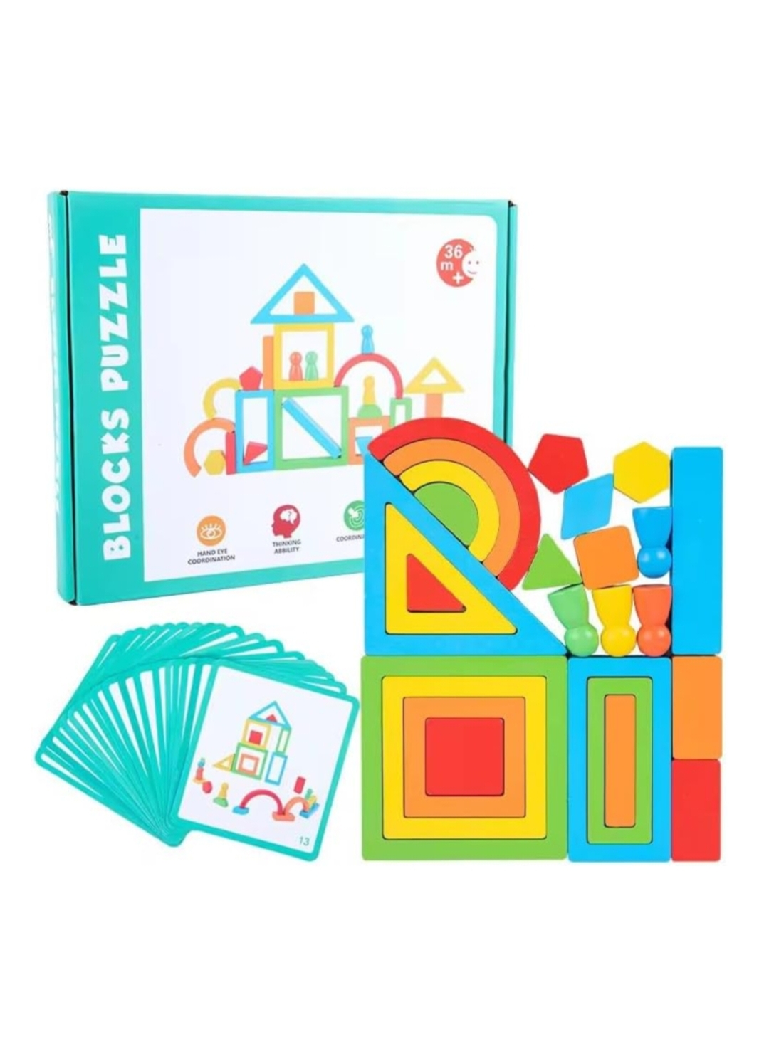 WOODEN GEOMETRIC SHAPE RAINBOW BUILDING BLOCKS 