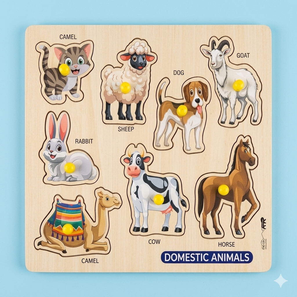 WOODEN DOMESTIC ANIMALS PEG PUZZLE 