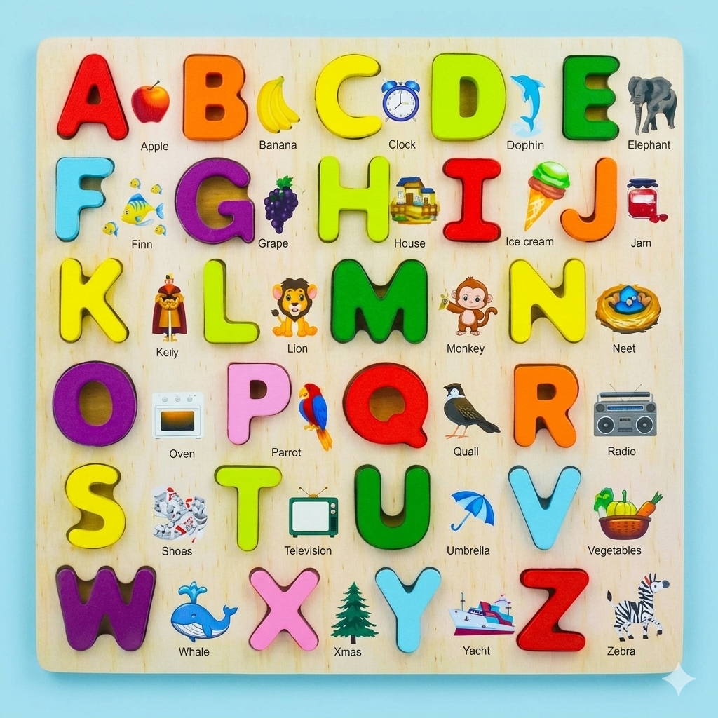WOODEN UPPERCASE ALPHABET PICTURE BOARD