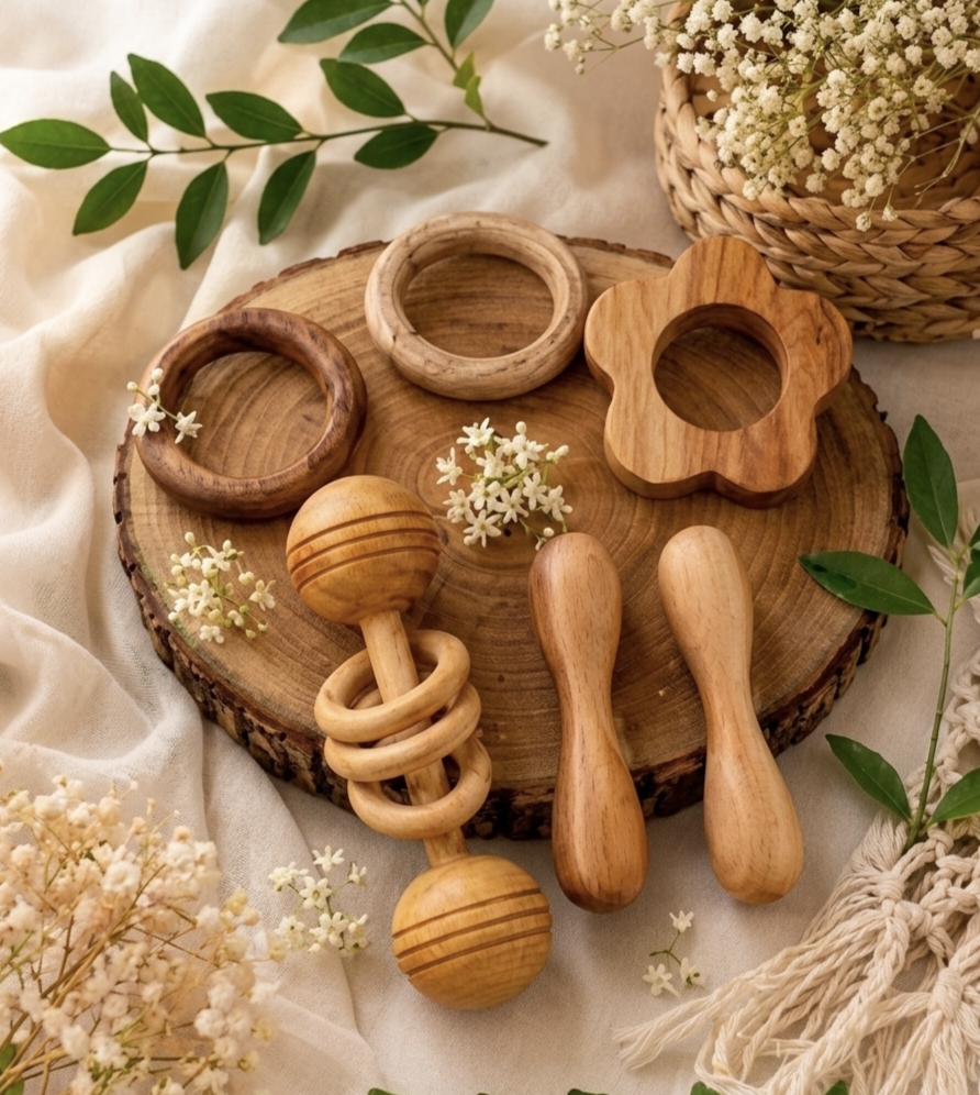 PURE NEEM WOODEN TEETHER & RATTLE SET OF 6