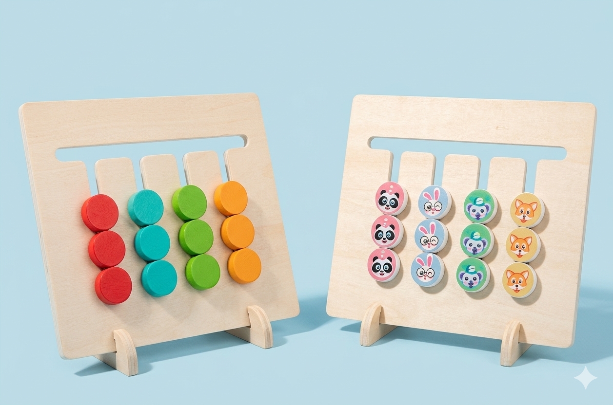 WOODEN 2 IN 1 DOUBLE SIDED COLOUR SORTING GAME 