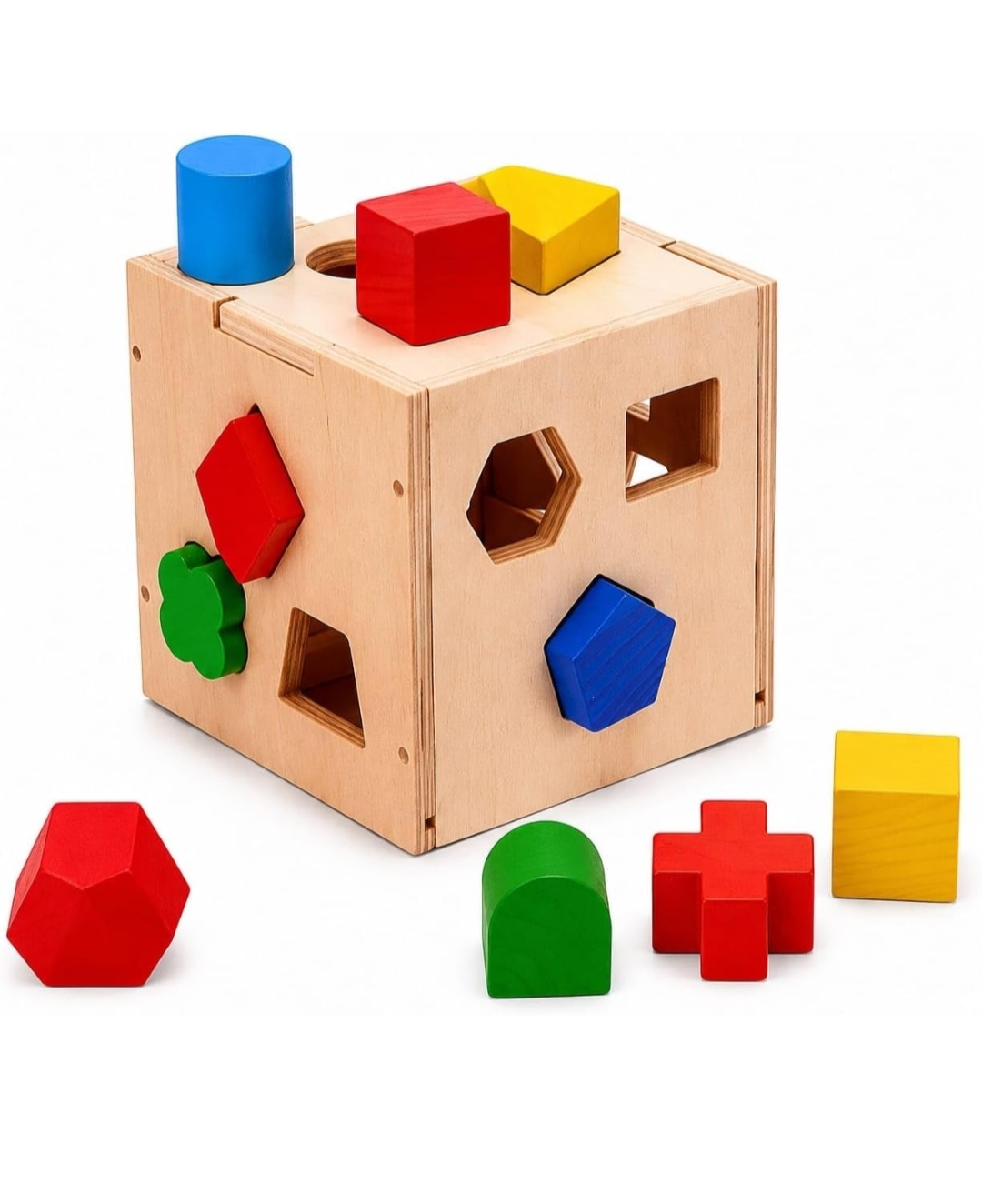 MONTESSORI WOODEN SHAPE SORTER BOX WITH 15 COLOURFUL SHAPES hover
